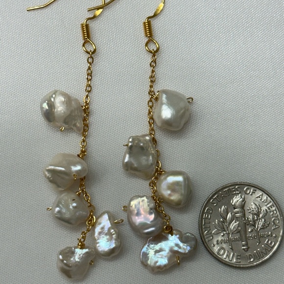 White Keshi Dangle Earrings - 14K YG over 925 Sterling Silver - Picture 3 of 6